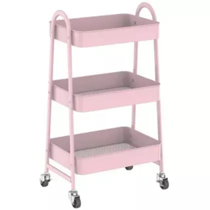 Carro multiuso con ruedas 3 estantes rosa