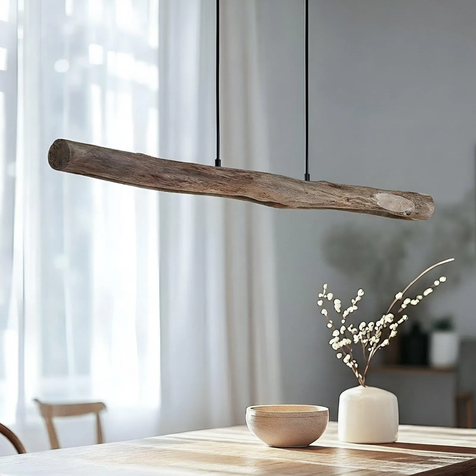 Lindby LED-Hängeleuchte Nekala, schwarz, Holz, Länge 120cm