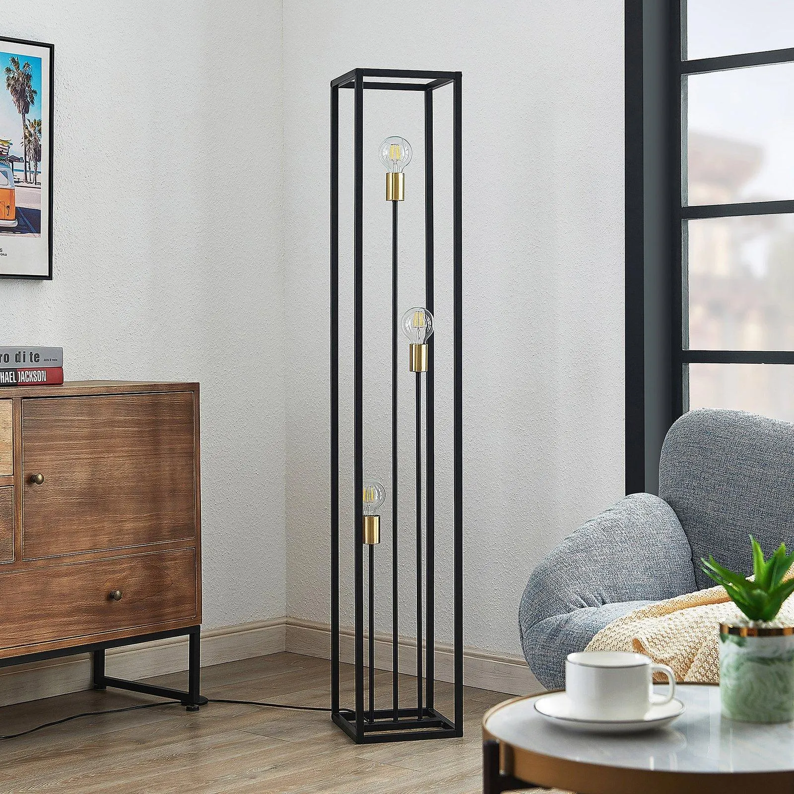 Lindby Tiliane Käfig-Stehlampe, schwarz, 3-flammig