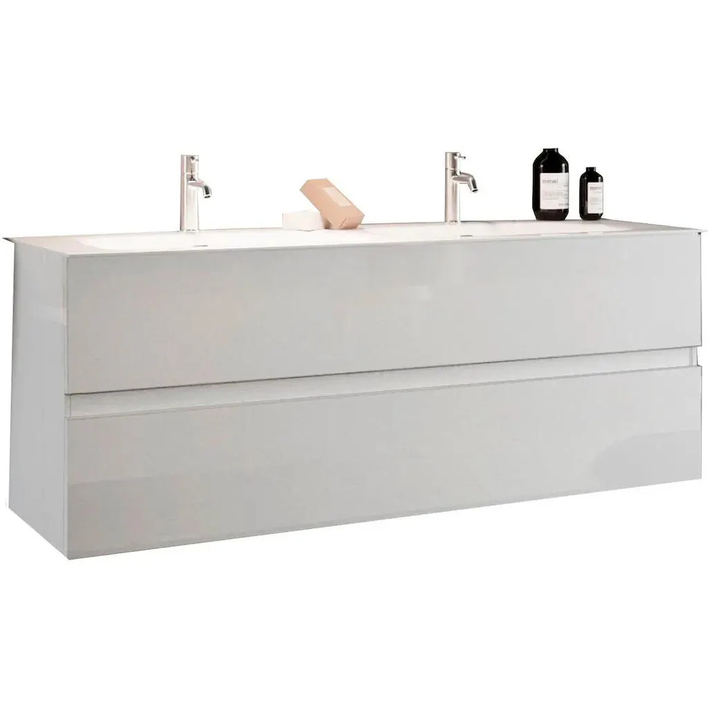 welltime Doppelwaschtisch »Start, Breite 120 cm, 2 bzw. 3 Schubkästen«, Badmöbel, Soft-Close, Keramik-Einsatzbecken, Weiß Hochglanz Lack