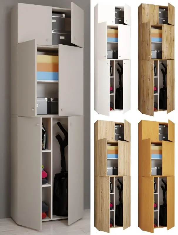 VCM Holz Besenschrank | 6 Fächer | Maße: H. 223 x B. 70 x T. 39 cm | Haushaltsschrank | Mehrzweckschrank | Aufsatz mit zwei Türen - Lona Weiß