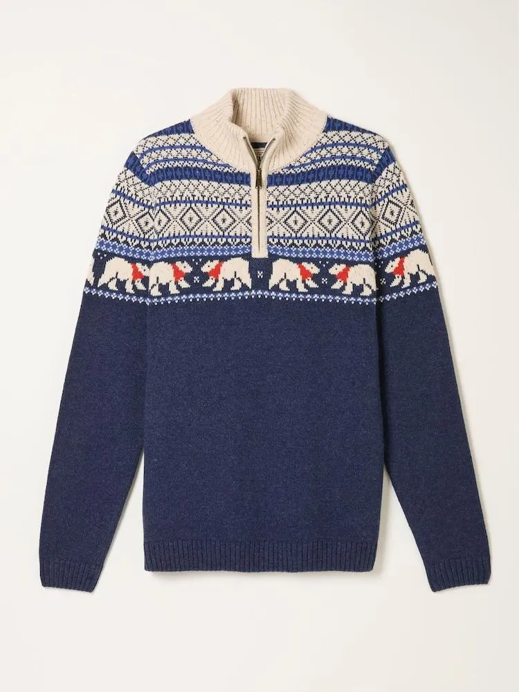 FATFACE – Strickpullover mit halbem Reißverschlusskragen mit Norwegermuster und Eisbären