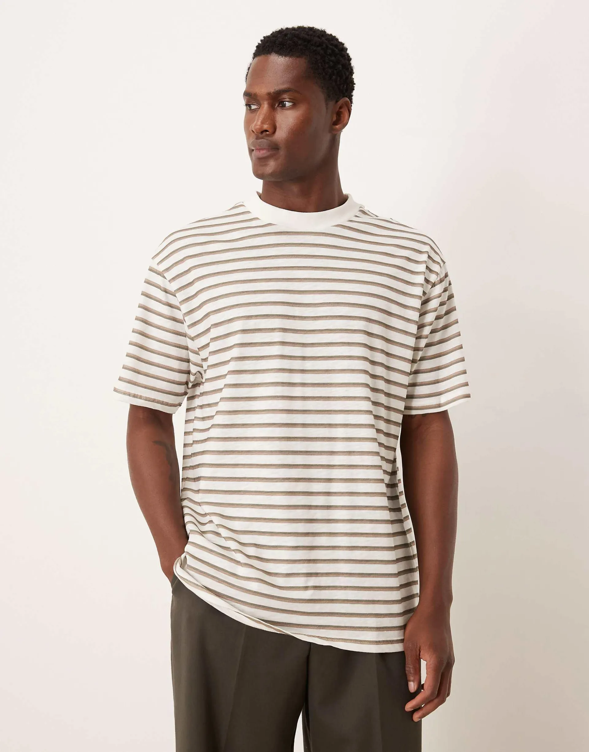ASOS DESIGN slubby relaxed fit striped t-shirt in oatmeal