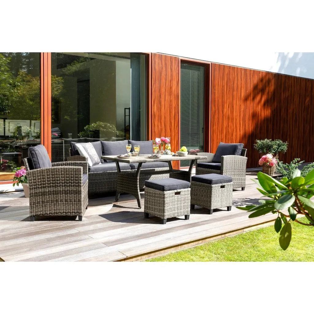 KONIFERA Gartenlounge-Set »Amsterdam«, (Set, 16 tlg., 1x 3er Sofa, 1x 2 Sessel, 2x Hocker, 1xTisch 144,5x74x67cm,Polyrattan), Stahl, Ablagefläche unter dem Tisch, Loungeset