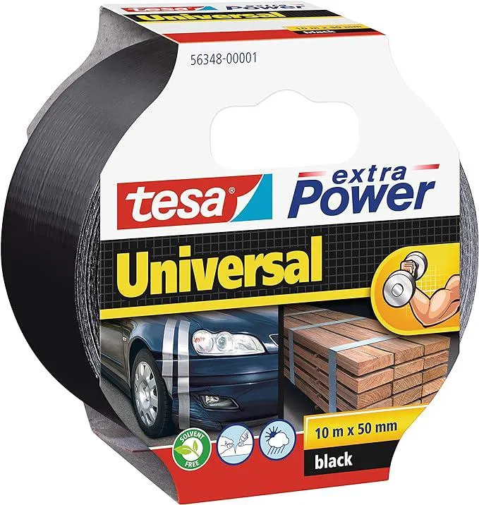 tesa extra Power Universal Gewebeband - Gewebeverstärktes Ductape zum Reparieren, Befestigen, Bündeln, Verstärken oder Abdichten - Schwarz - 10 m x 50 mm