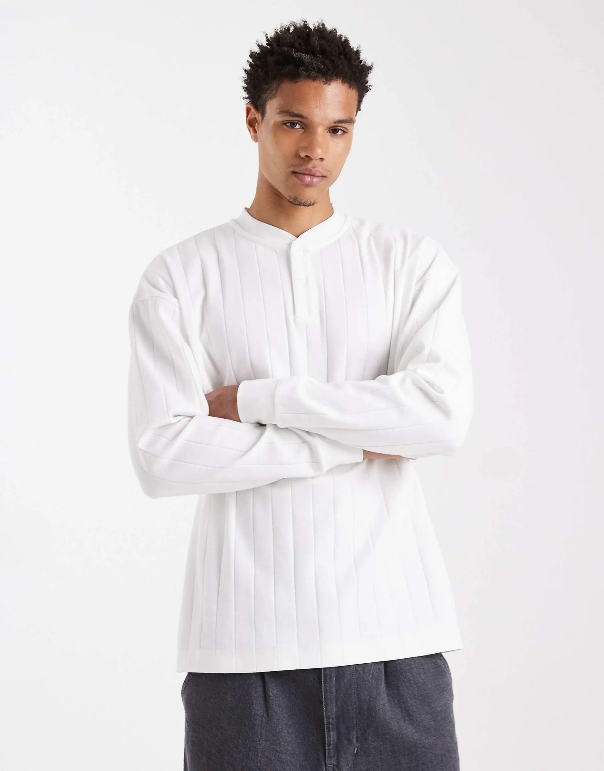 ASOS DESIGN oversized henley long sleeve t-shirt in white wide rib