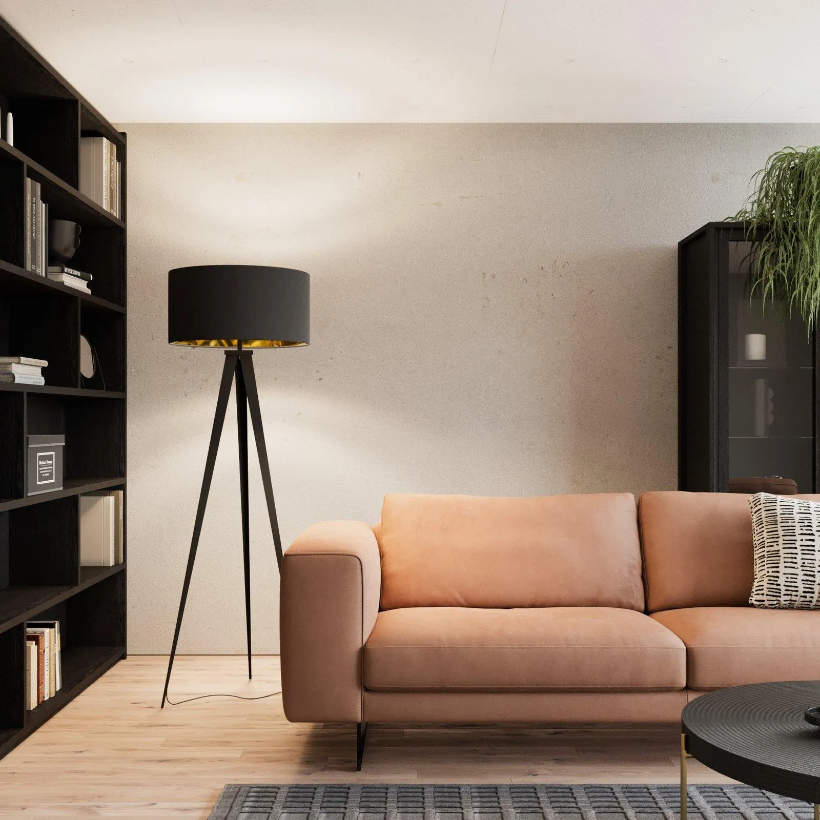 Lindby Stehlampe Benik, Tripod, Textil, schwarz, goldfarben