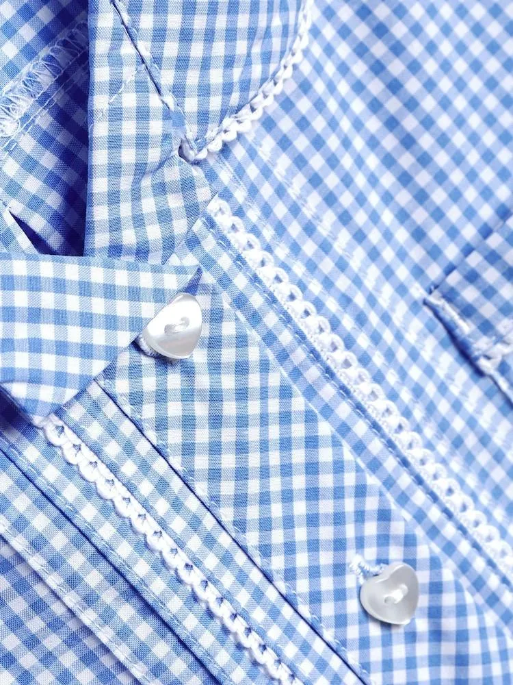 Blau - Kleid für die Schule mit hohem Baumwollanteil, Vichykaros, Knopfleiste und Spitzenbesatz (3–14 Jahre)