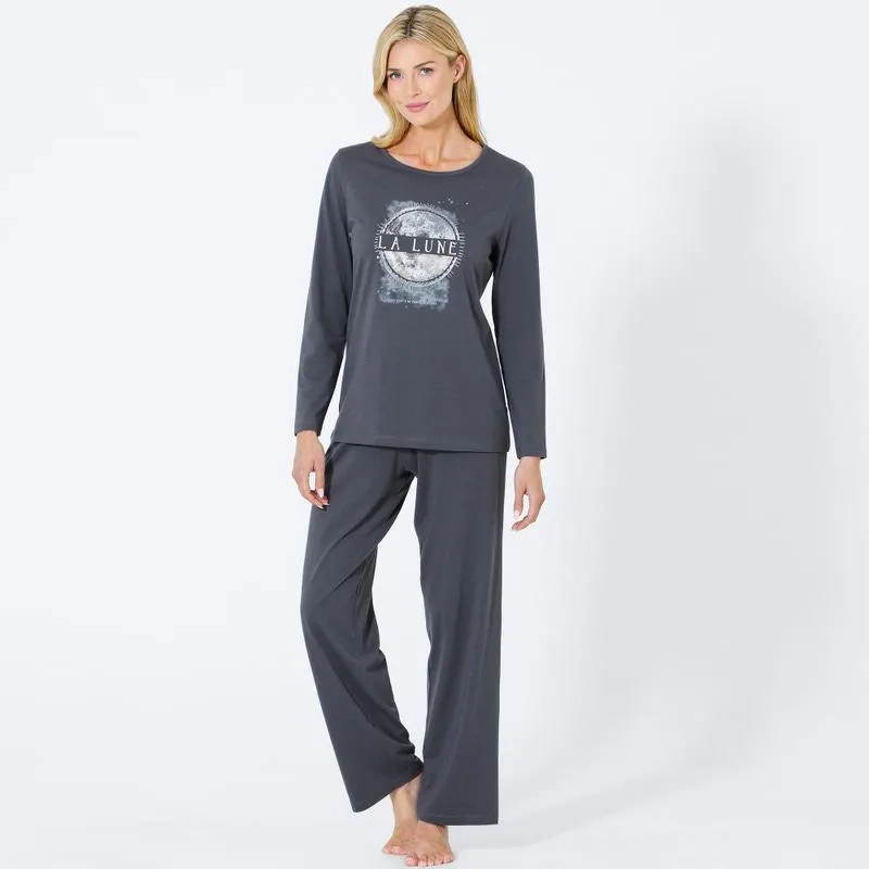 Damen-Schlafanzug mit Mond-Frontaufdruck, 2-teilig