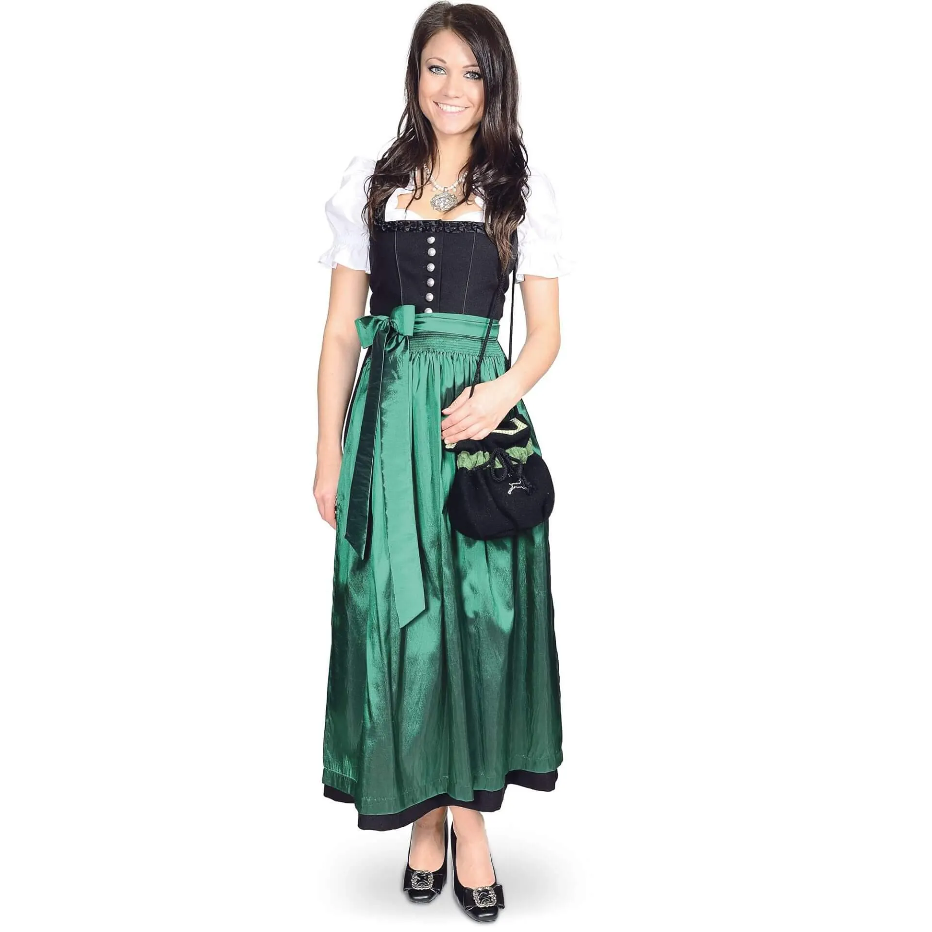 Damen Gastro-Dirndl, Schwarz mit grüner Schürze