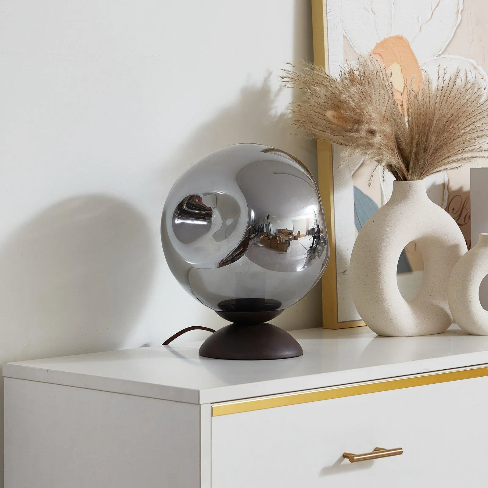 Lindby Tischleuchte Valentina, E27, rauchgrau, Glas, Ø 25 cm