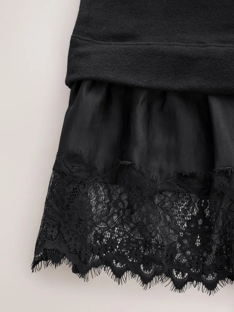 Schwarz - Weicher 2-in-1-Pullover mit Spitzenrock