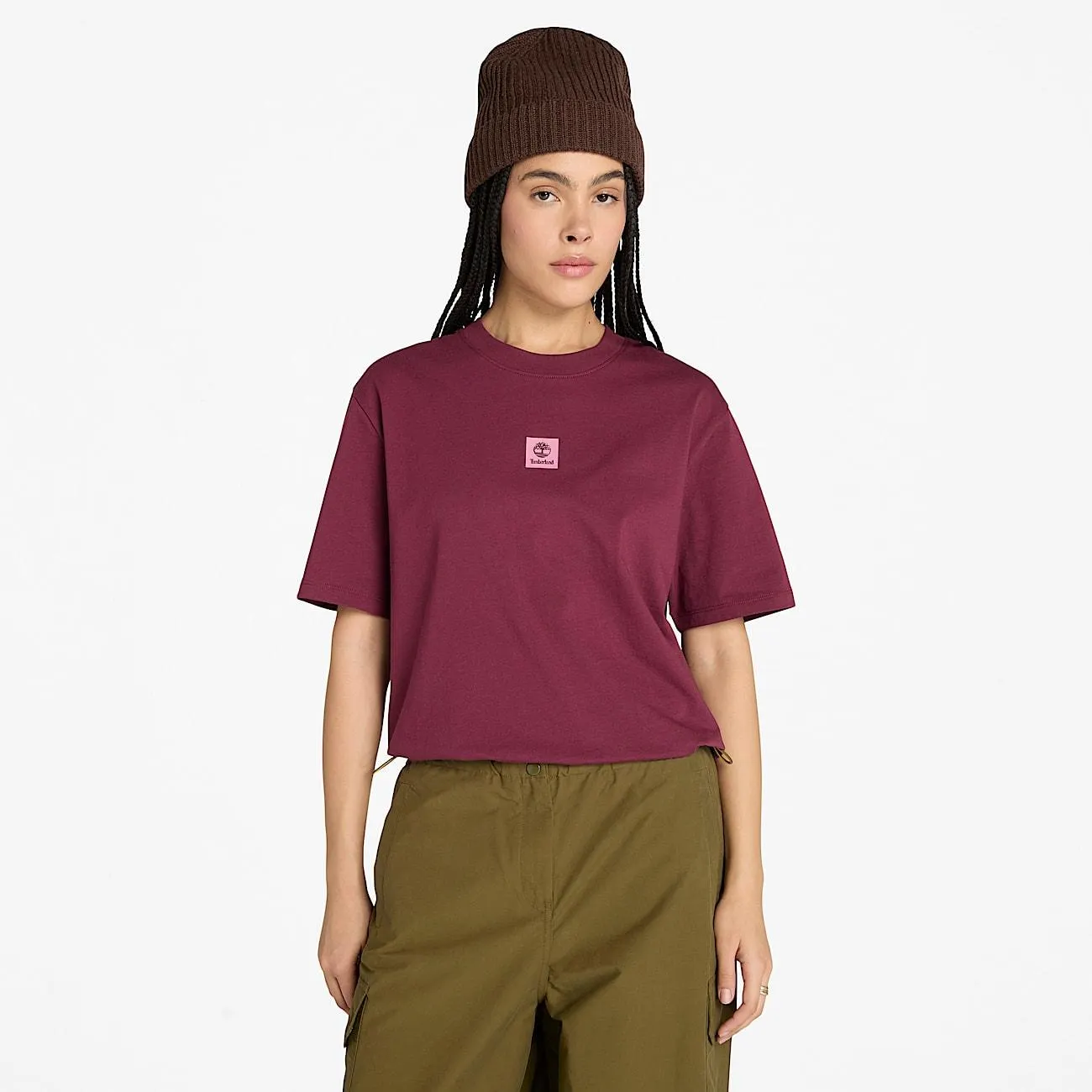 Kurzärmeliges Timberland® T-Shirt mit Stack-Logo für Damen in Burgunderrot
