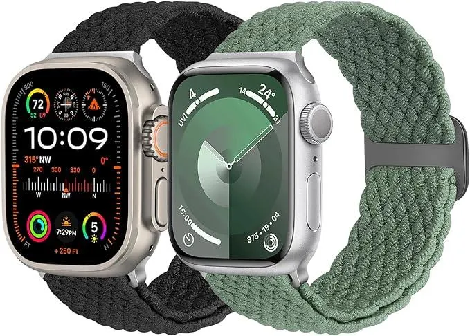 Yunshare 2 Stück Geflochtene Armband Kompatibel mit Apple Watch Armband 49mm 45mm 44mm 42mm 41mm 40mm 38mm für Damen Herren, Elastisches Nylon Armband für Apple Watch Series 9 8 7 6 5 4 3 SE Ultra 2 1
