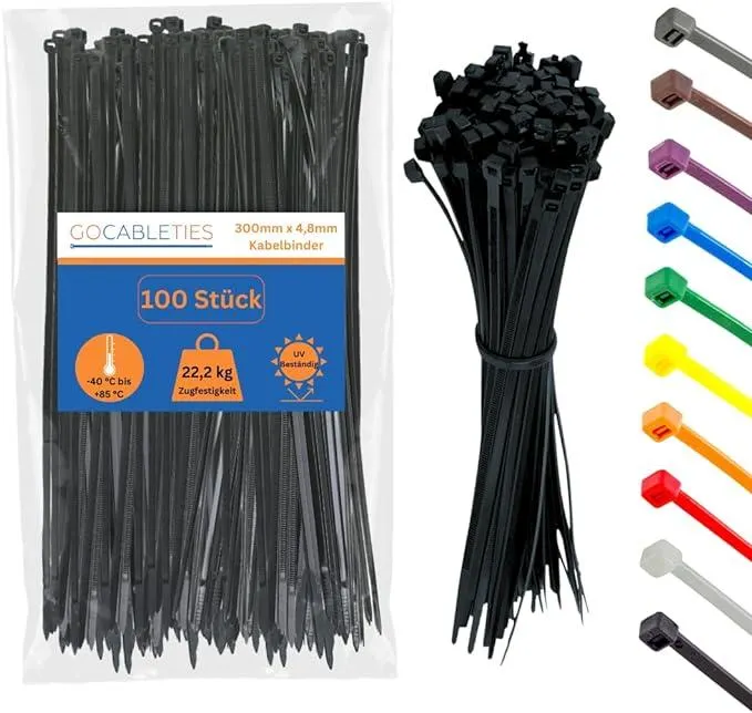 Gocableties Kabelbinder 100 Stück Schwarz, 300 mm x 4,8 mm mit 22,2 kg Zugfestigkeit, UV Beständig Set