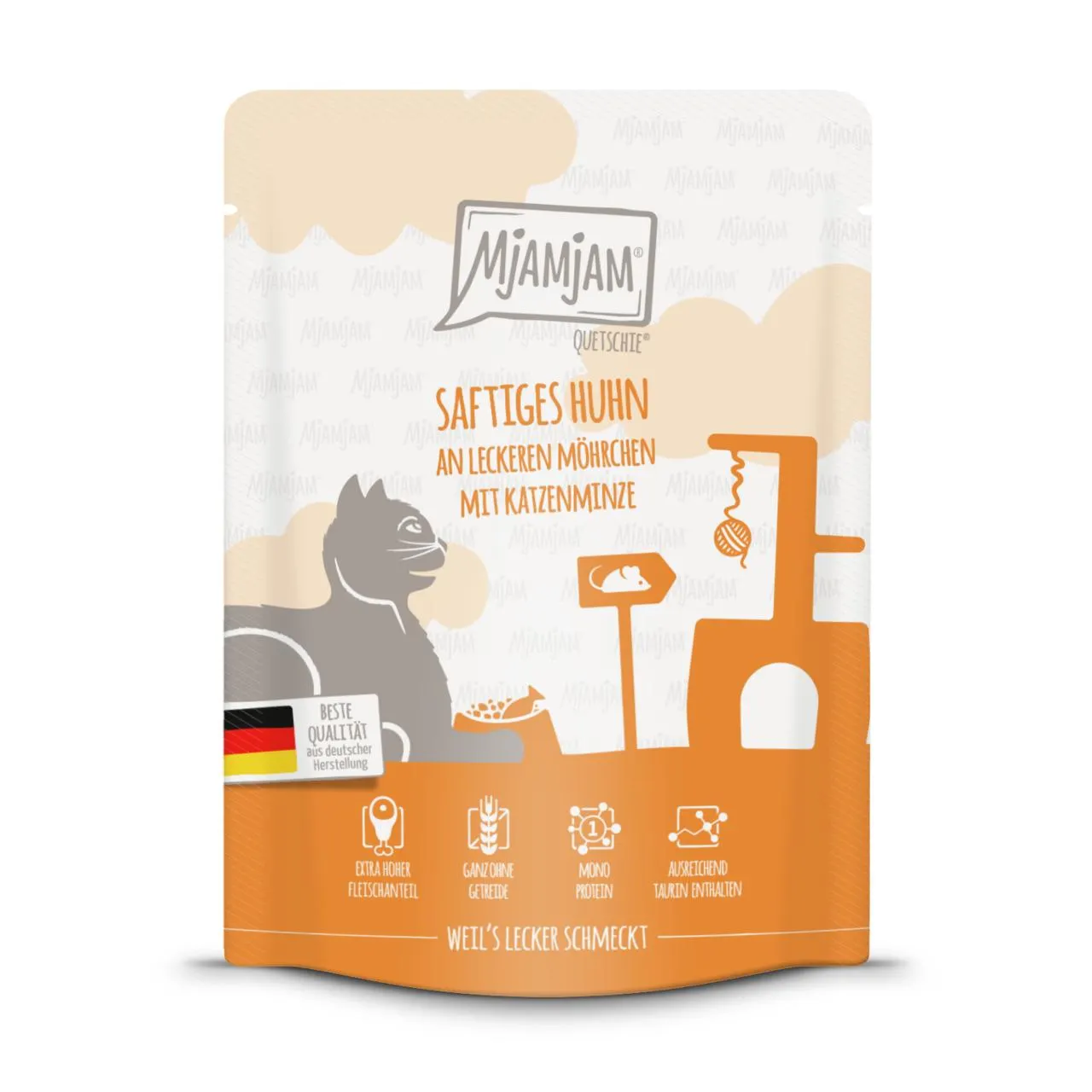 Sparpaket 6 x 300 g Mjamjam Quetschie Saftiges Huhn an leckeren Möhrchen mit Katzenminze Katzen Nassfutter