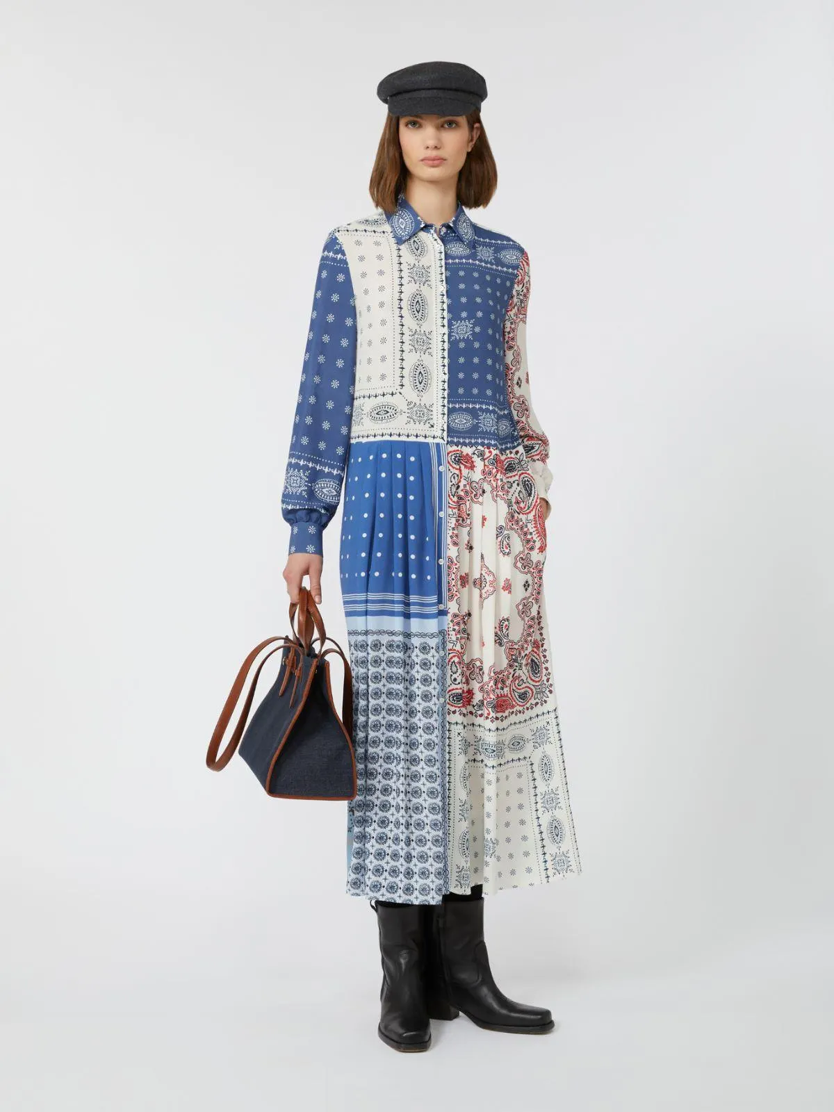 Hemdblusenkleid aus bedruckter Viskose - Azurblau