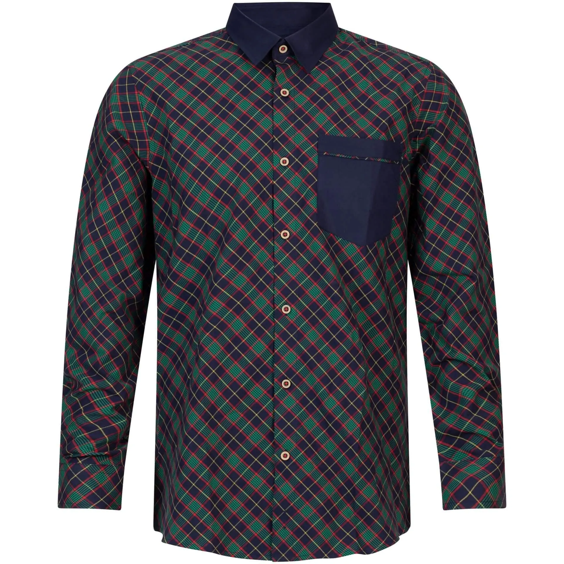 Herren Hemd "Kärnten", Klassischer Stehkragen, Langarm, Blau/Grün/Rot Kariert