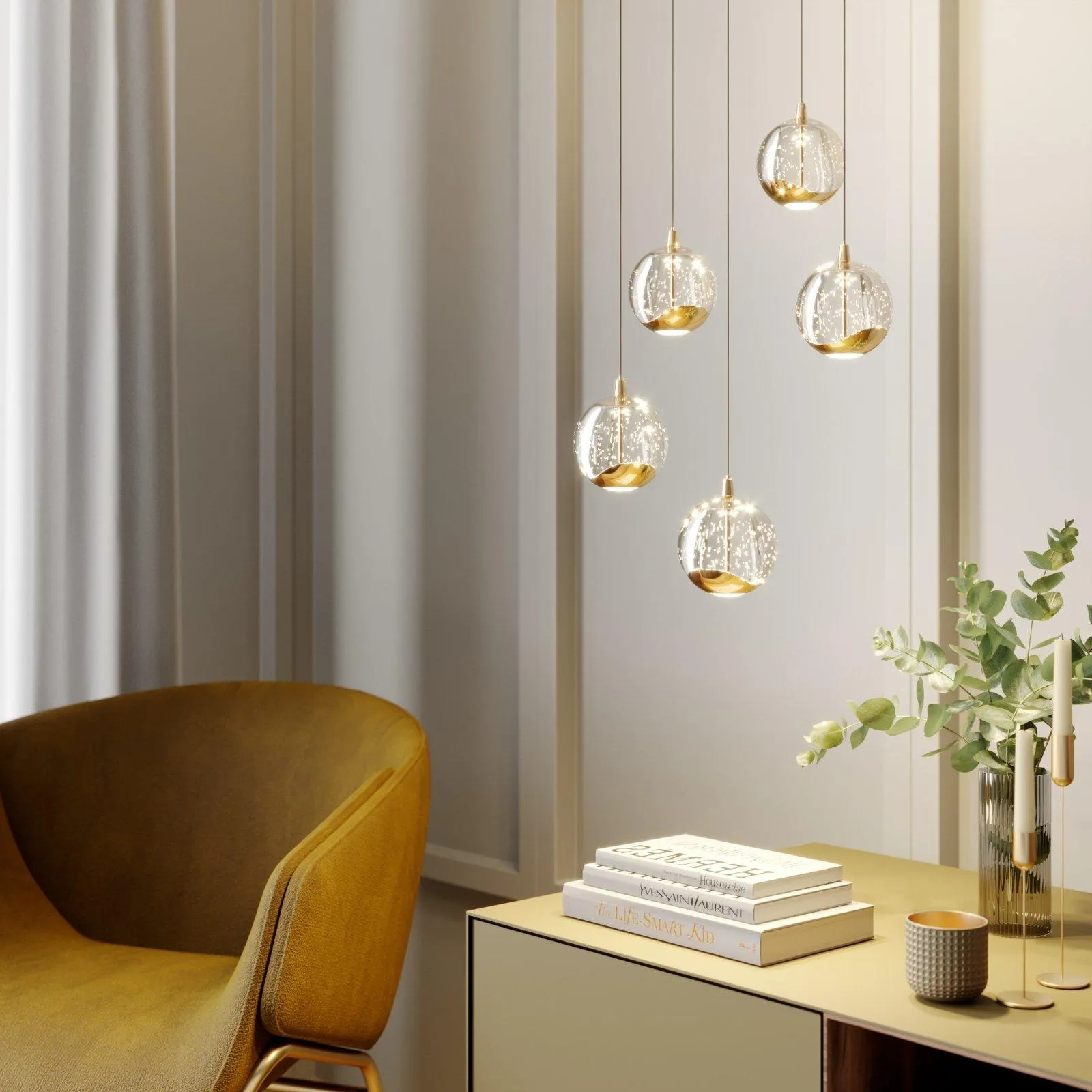 LED-Pendellampe Hayley, 5-fl., rund, gold