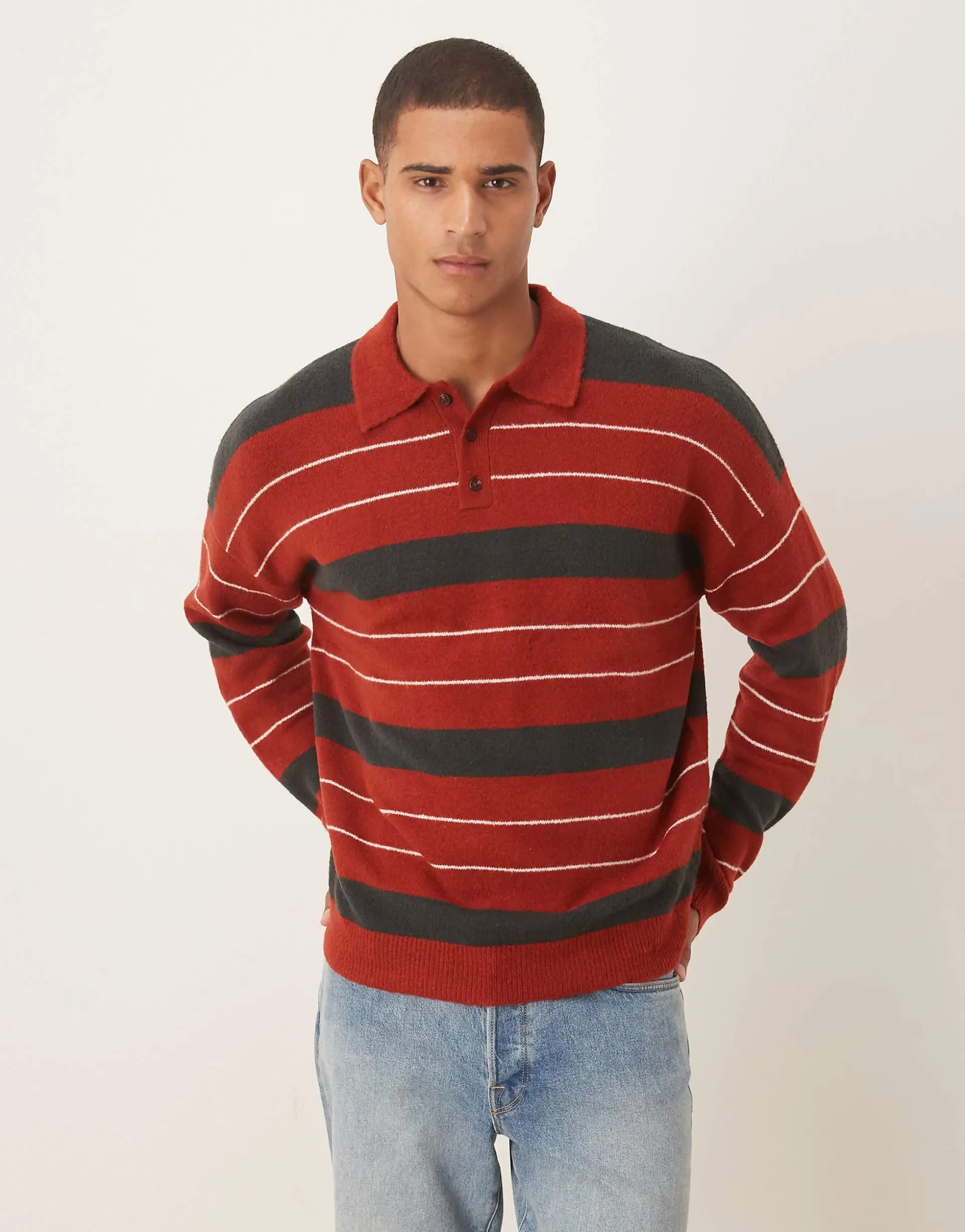 ASOS DESIGN oversized knitted stripe rugby polo in red