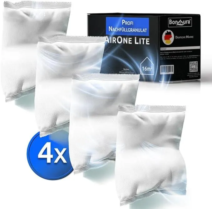 BonAura® AirOne Lite Luftentfeuchter Nachfüllpack I 4er Set 450g Luftentfeuchter Granulat I Entfeuchter Nachfüllpack für Bad & Küche I Schutz gegen Schimmel & Gerüche