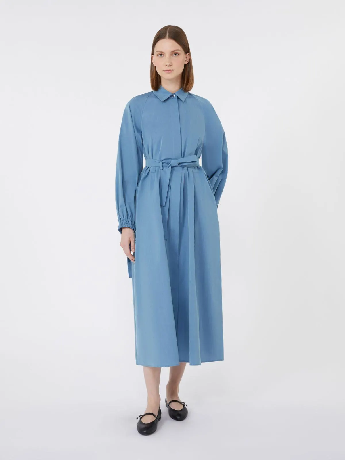 Langes Hemdblusenkleid aus Taft - Jeansblau