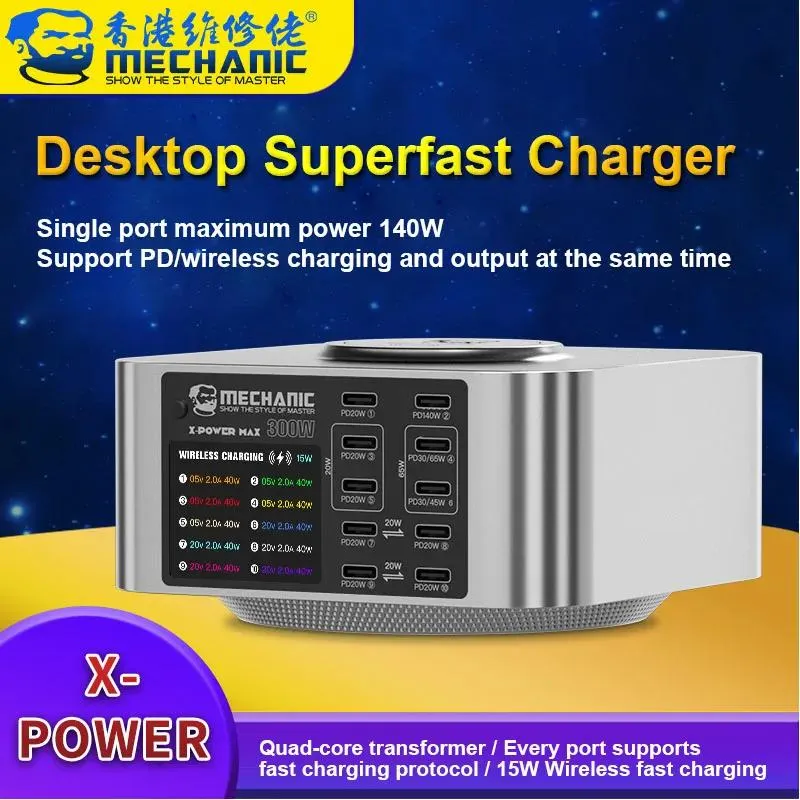 MECHANIC X-POWER PLUS MAX Desktop Superfast Charger with Digital Display Multi-port Wireless High Power Output Charging Tool
