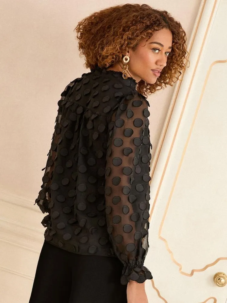 Schwarz - Love & Roses langärmlige Bluse mit 3D-Punktmuster