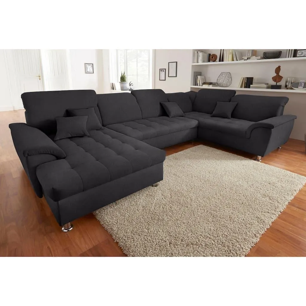 DOMO collection Wohnlandschaft »FRANZI optional mit Bettfunktion, Bettkasten & Kopfteilverstellung« XXL-Sofa, Recamiere links, graphite, B/T: 352/214 cm
