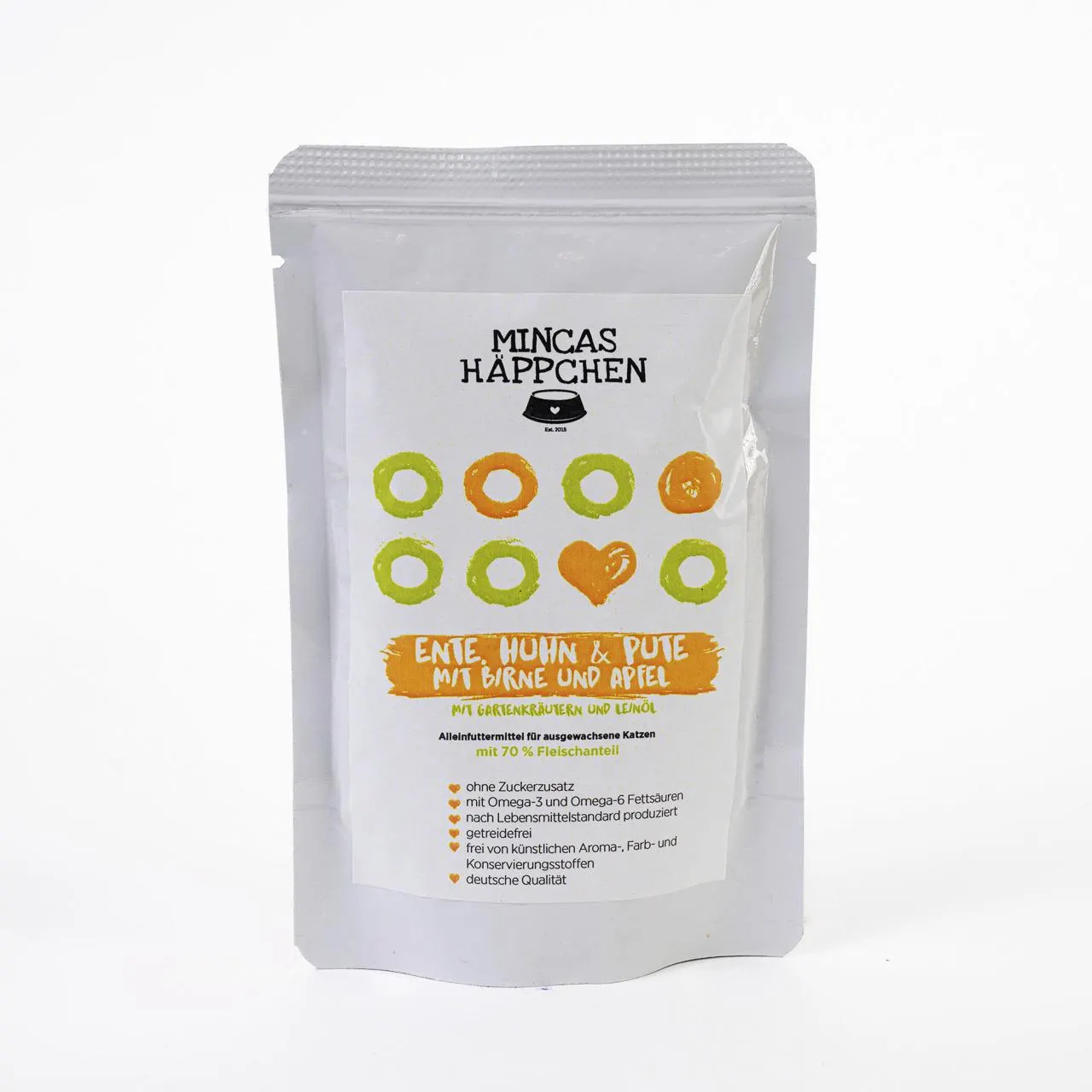 Mincas Häppchen Ente, Huhn & Pute mit Birne & Apfel Katzen Nassfutter 95 g