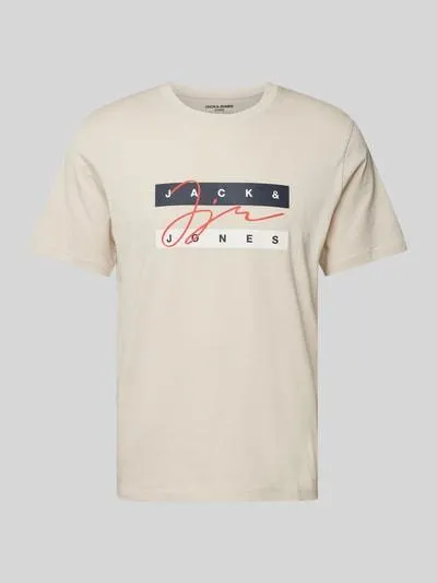 T-Shirt mit Label-Print Modell 'JOSHUA' in beige