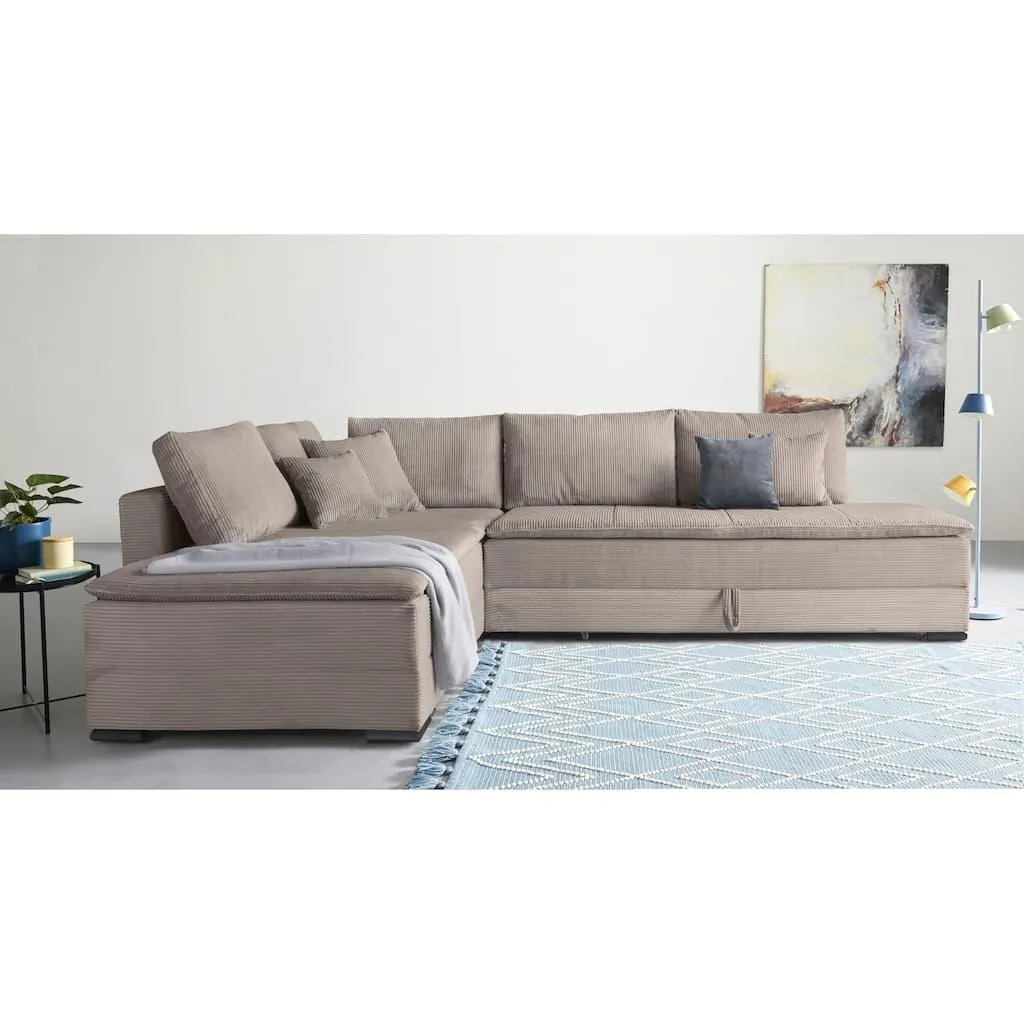 Home affaire Ecksofa »Night & Day L-Form, B: 321 cm, mit Dauer-Schlaffunktion 180x200 cm« Bettfunktion, Bettkasten, Topper & 3 Zierkissen, Boxspringbett in Cord