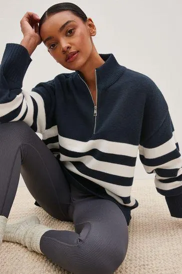 Strickpullover mit halbem Reißverschluss und Streifen