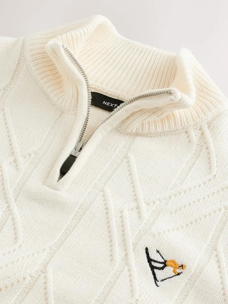 Ecru, Weiß - Pullover in normaler Passform mit Weihnachtsmotiv und mit Reißverschlusskragen aus Wolle