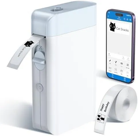 Etikettendrucker, Bluetooth beschriftungsgerät selbstklebend, Mini Etikettiergerät Selbstklebendes mit USB-Laden, Label Printer mit Unterstützung ios/Android, Für Zuhause, Büro & Kleinunternehmen