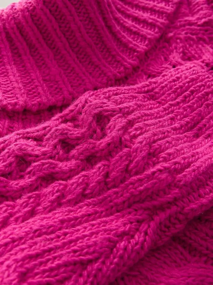 Pink - Roll Neck Cable Longline Jumper with Wool