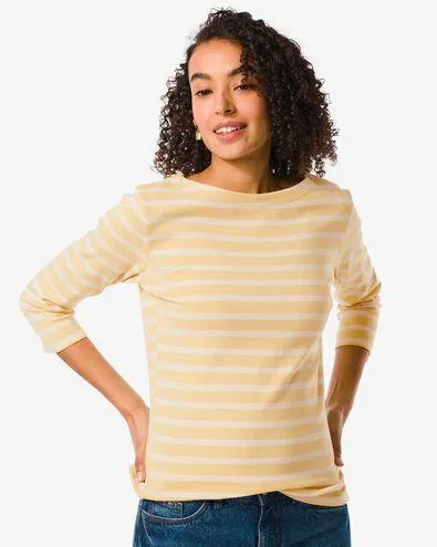 dames t-shirt Cara met boothals en strepen lichtgeel