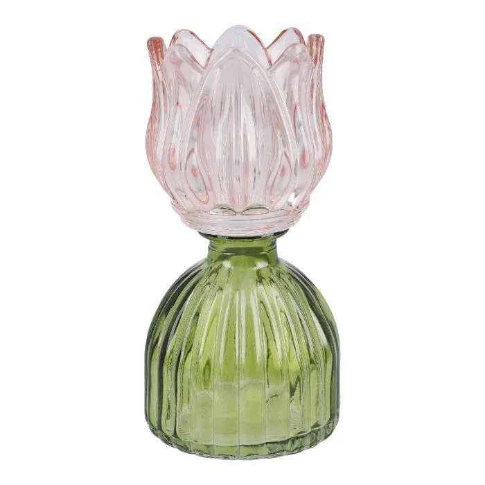 Teelichthalter Tulpe auf Sockel, rosa/grün, 16 cm