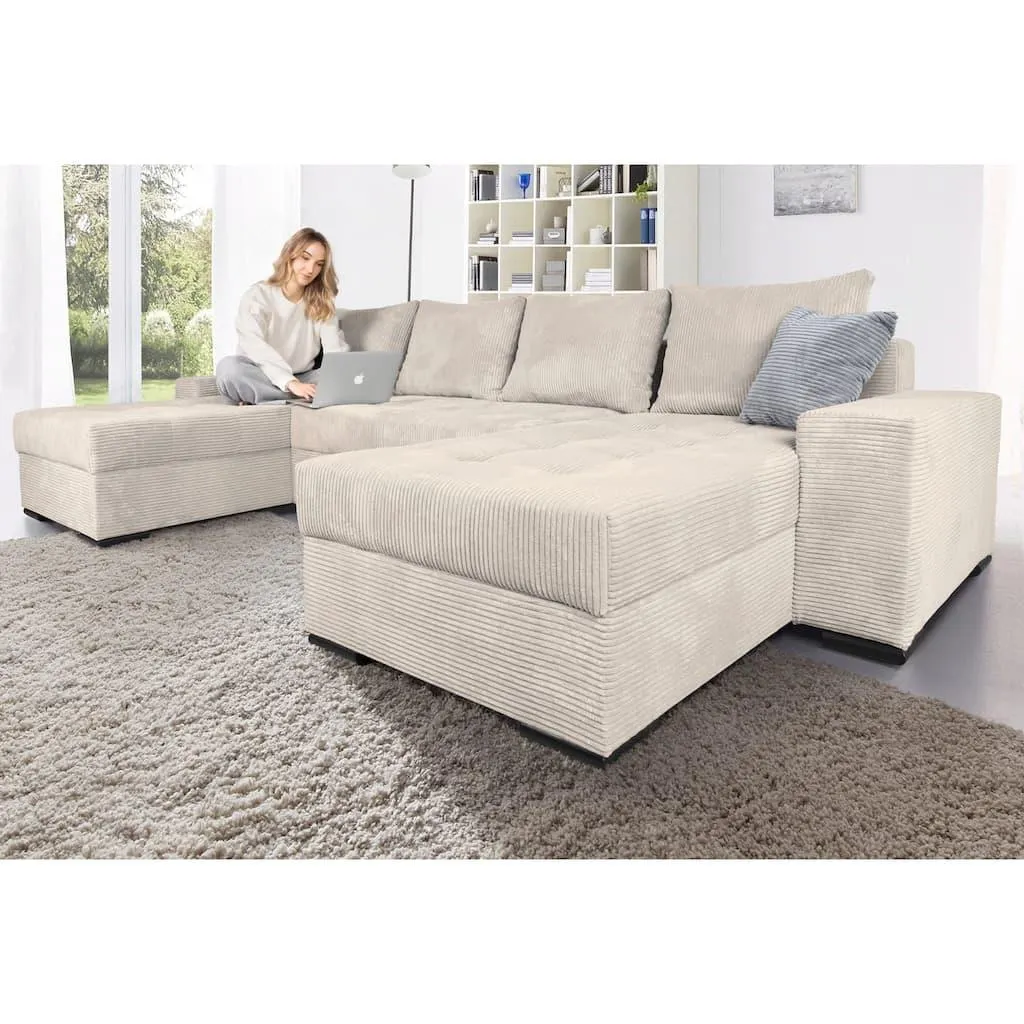 COLLECTION AB Wohnlandschaft »Josy XL U-Form, B: 313 cm in Cord, Cord-Mix« mit Bettfunktion, Bettkasten & 2 Zierkissen, Federkern