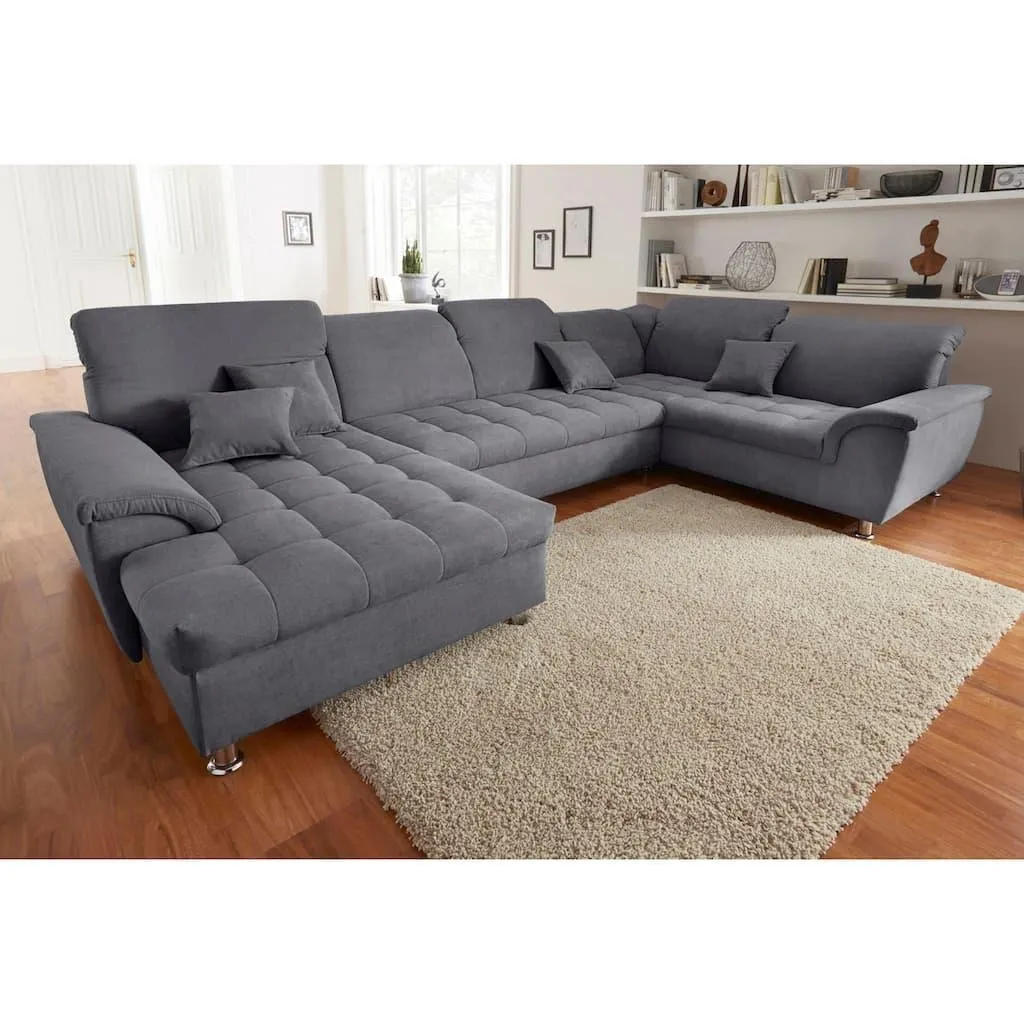 DOMO collection Wohnlandschaft »Franzi optional mit Bettfunktion, Bettkasten & Kopfteilverstellung« XXL-Sofa, Recamiere links, dunkelgrau, B/T: 352/214 cm