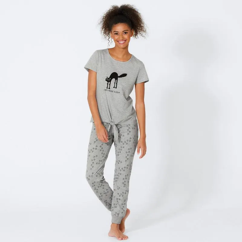 Damen-Schlafanzug mit Katzen-Aufdruck, 2-teilig