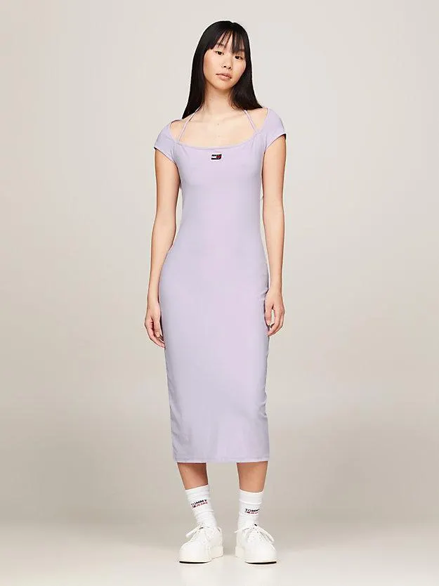 Geripptes Midi-Bodycon-Kleid mit Tommy-Badge