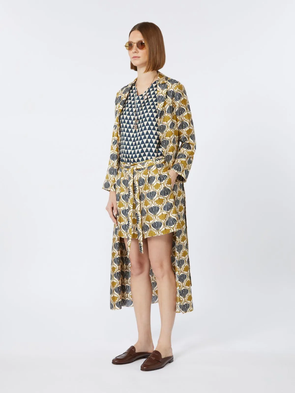 Kaftankleid aus bedruckter Seide - Senf