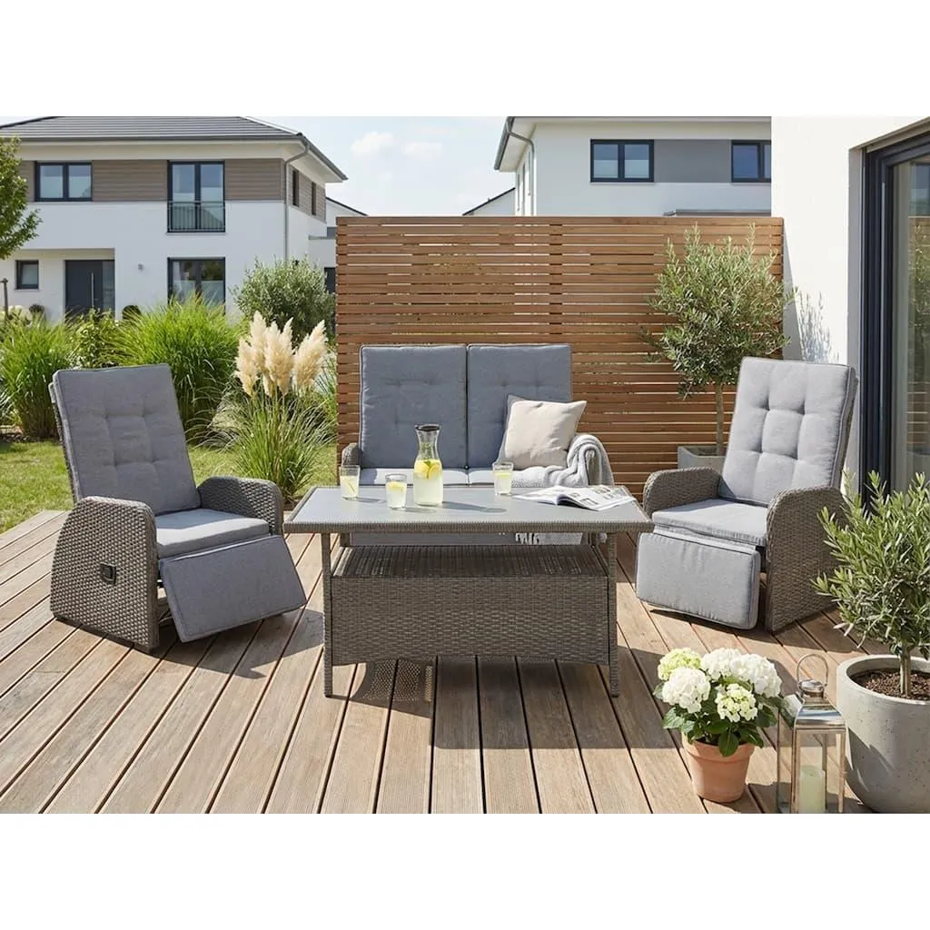 KONIFERA Gartenlounge-Set »Vigo« Set, 2x Sessel, 1x 2er Sofa, 1x Tisch 120x60x60cm, inkl. Auflagen, 8 Stk. tlg. Polyrattan, Aluminium, verstellbare Rückenlehne und Fußablage