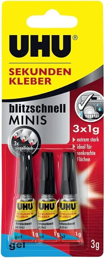 UHU ‎50820 Sekundenkleber blitzschnell MINIS Gel – Super schneller und extrem starker Gelkleber in praktischen Mini-Tuben – 3 x 1 g