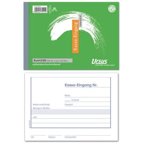 Kassa-Eingangsbuch A6 quer 3x40Blatt selbstdurchschreibend URSUS Style Ke643SD 094231