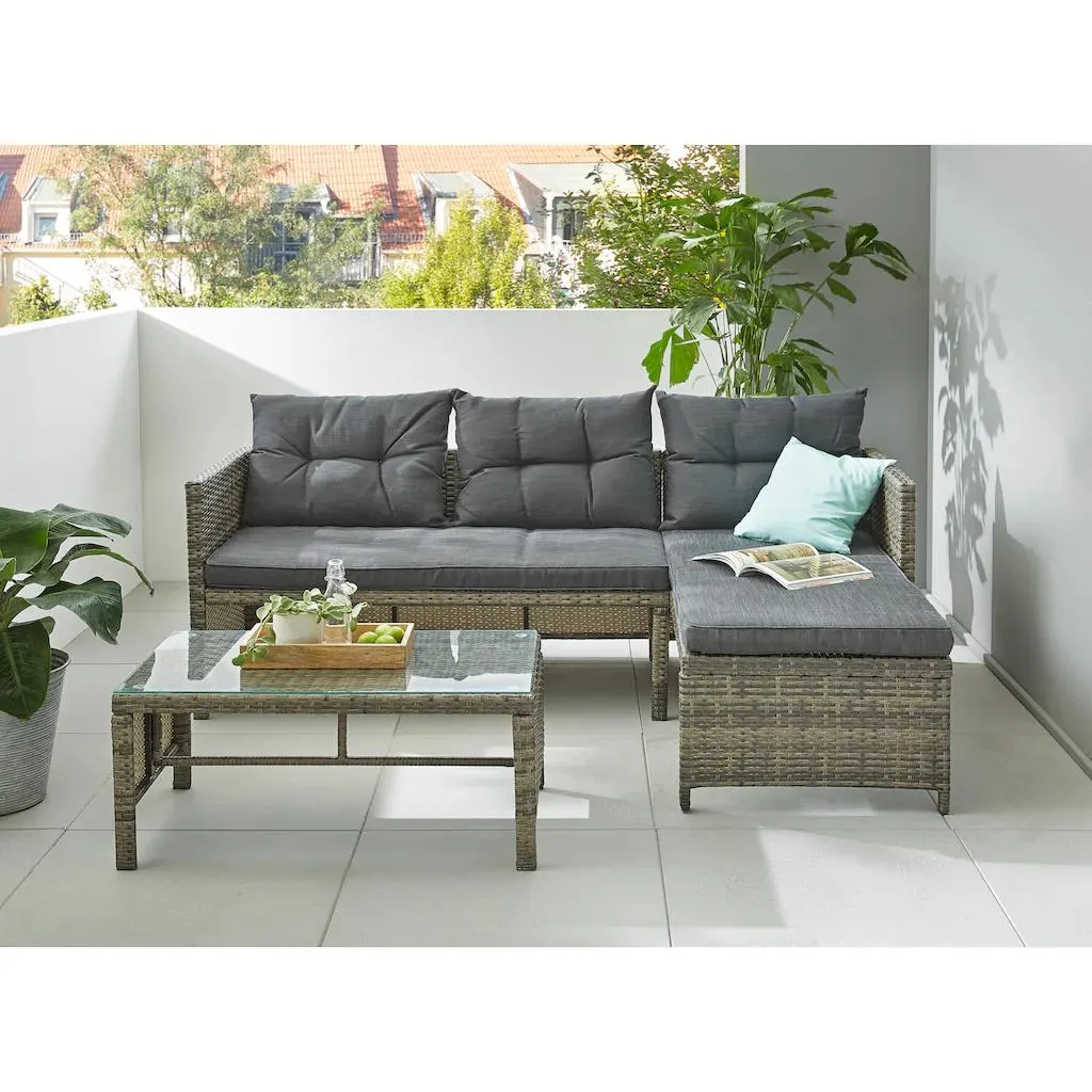 KONIFERA Gartenlounge-Set »Cádiz«, (Set, 7 tlg., 1x Eckbank, 1x Tisch 80x45x37cm, inkl. Auflagen, Stahl, Polyrattan), Tischplatte aus Sicherheitsglas, Balkonset, 3 Personen