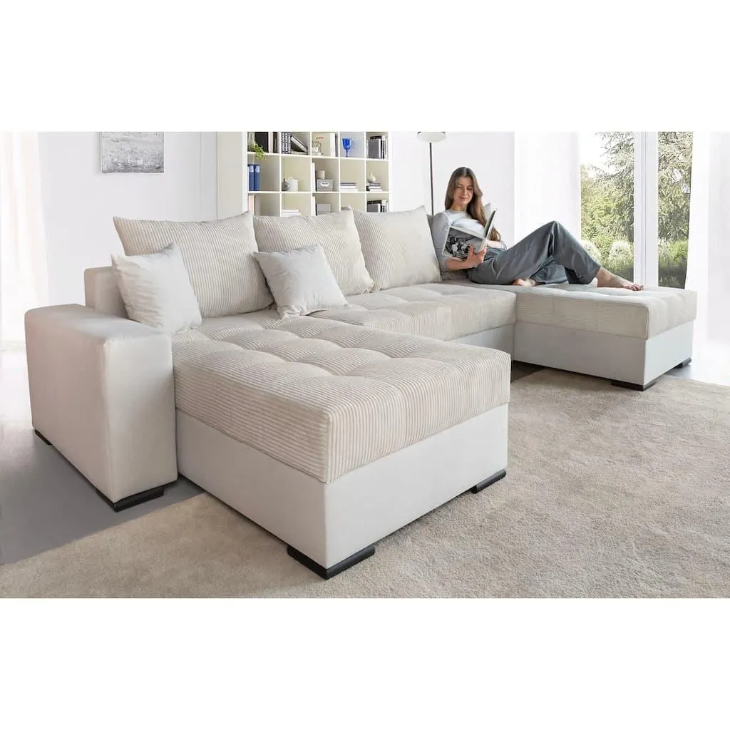COLLECTION AB Wohnlandschaft »Josy XL U-Form, B: 313 cm in Cord, Cord-Mix« Bettfunktion, Bettkasten & 2 Zierkissen, Federkern
