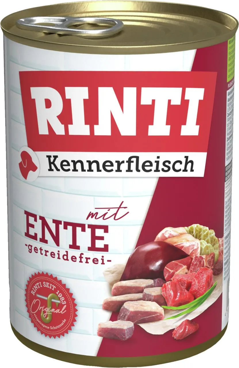 Sparpaket 24 x 400 g Rinti Kennerfleisch mit Ente Hunde Nassfutter