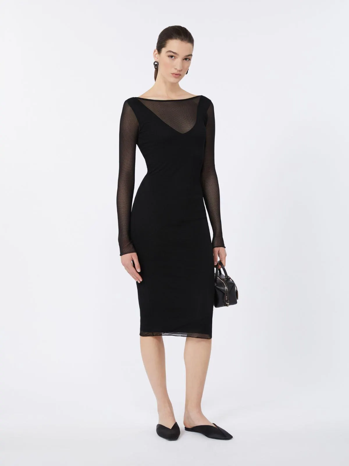 Midi Kleid aus Jersey-Mesh - Schwarz